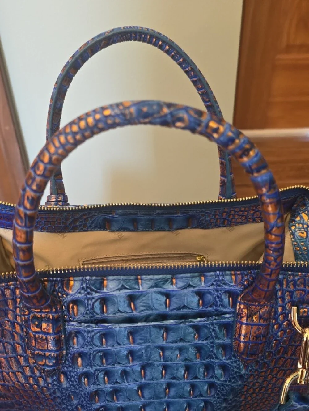 Blue Croc-Embossed Structured Tote Bag